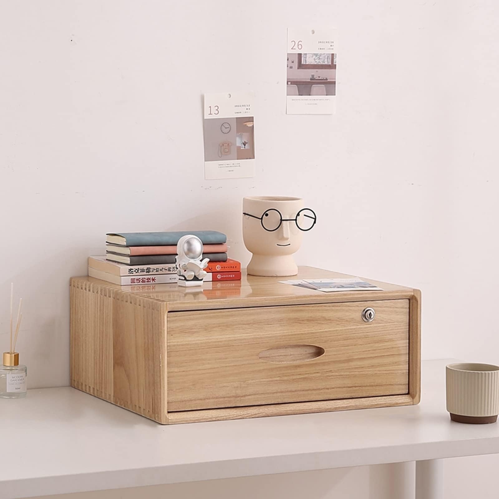 Armadietto in legno massello naturale con chiusura a chiave, cassettiera rustica e scrivania da ufficio con 1 cassetto, soluzione creativa per la scuola a casa