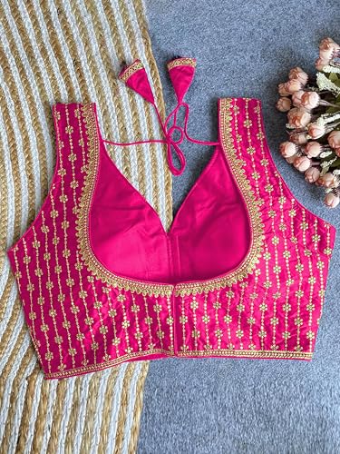 Image of TRENDMALLS Women's Dhupion Silk Embroidery Sequence Work V Neck Sleeveless Blouse Choli Stylish Saree Blouse Ready to Wear