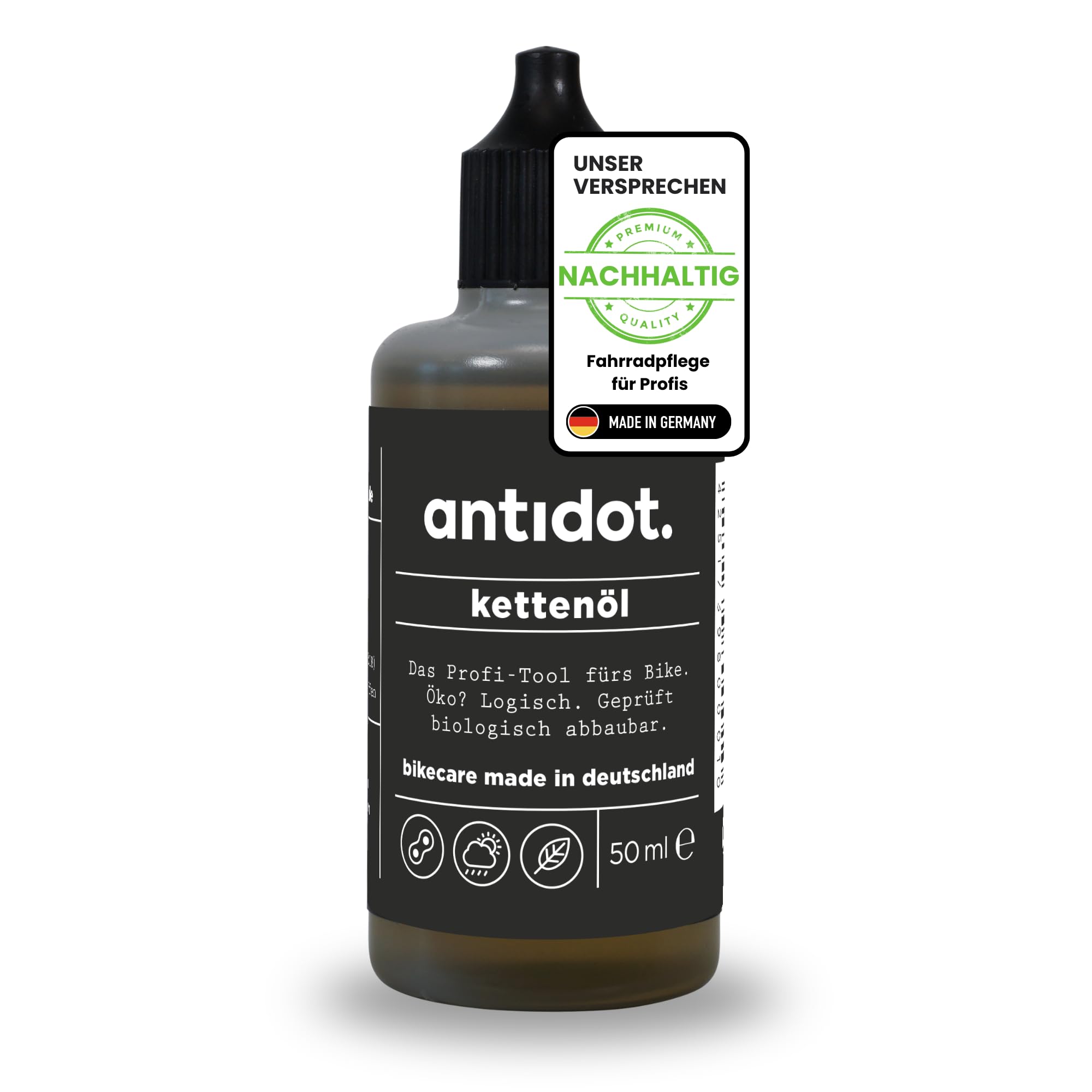 antidot. kettenöl, Tropfflasche 50ml, Testsieger, biologisch abbaubar, reduziert Reibung, schützt vor Verschleiß, für alle Fahrräder und E-Bikes, bikecare - made in Deutschland