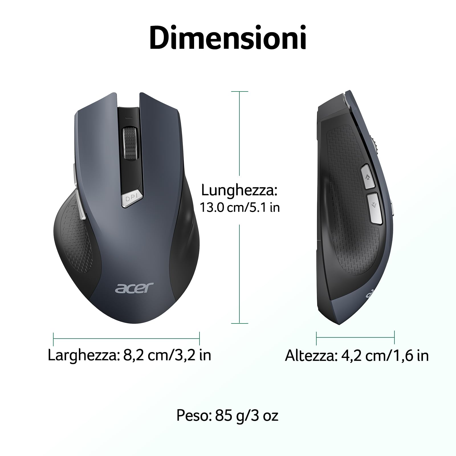 Acer Mouse Wireless Ergonomico, mouse computer ottico USB senza fili 2,4 GHz 1600 DPI regolabile 6 pulsanti