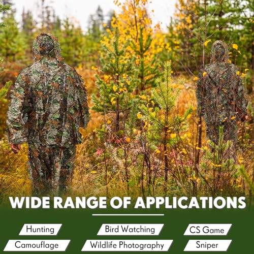 Cutecrop 2 Pack Ghillie Suit 3D Leafy Camo Hunting Suits Ghillie Camouflage Leafy Hatand Full Face Mask Ghillie Hunting Suits Pants Lightweight Clothes Leaf Hunting Suits Unisex (Green,Large) - Thumbnail 6