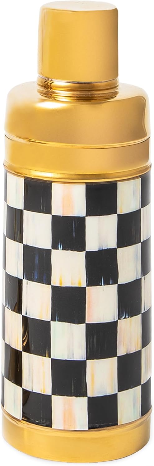 MACKENZIE-CHILDS 3260 20-Ounce Cocktail Shaker, Stainless-Steel Shaker Cup with Lid, Black-and-White Courtly Check