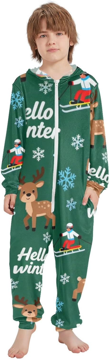 Unisex Onesie Zip Up Hooded One-Piecing Loungewear Sleepwear for Christmas Home 4-14Y