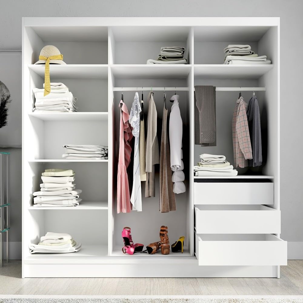 A&J MöbelLand Kleiderschrank Aurelia 2 – Schwebetürenschrank 200 cm breit mit Spiegel, 3-türig, Kleiderschrank mit Schubladen, Schiebetürenschrank für Schlafzimmer oder Garderobe