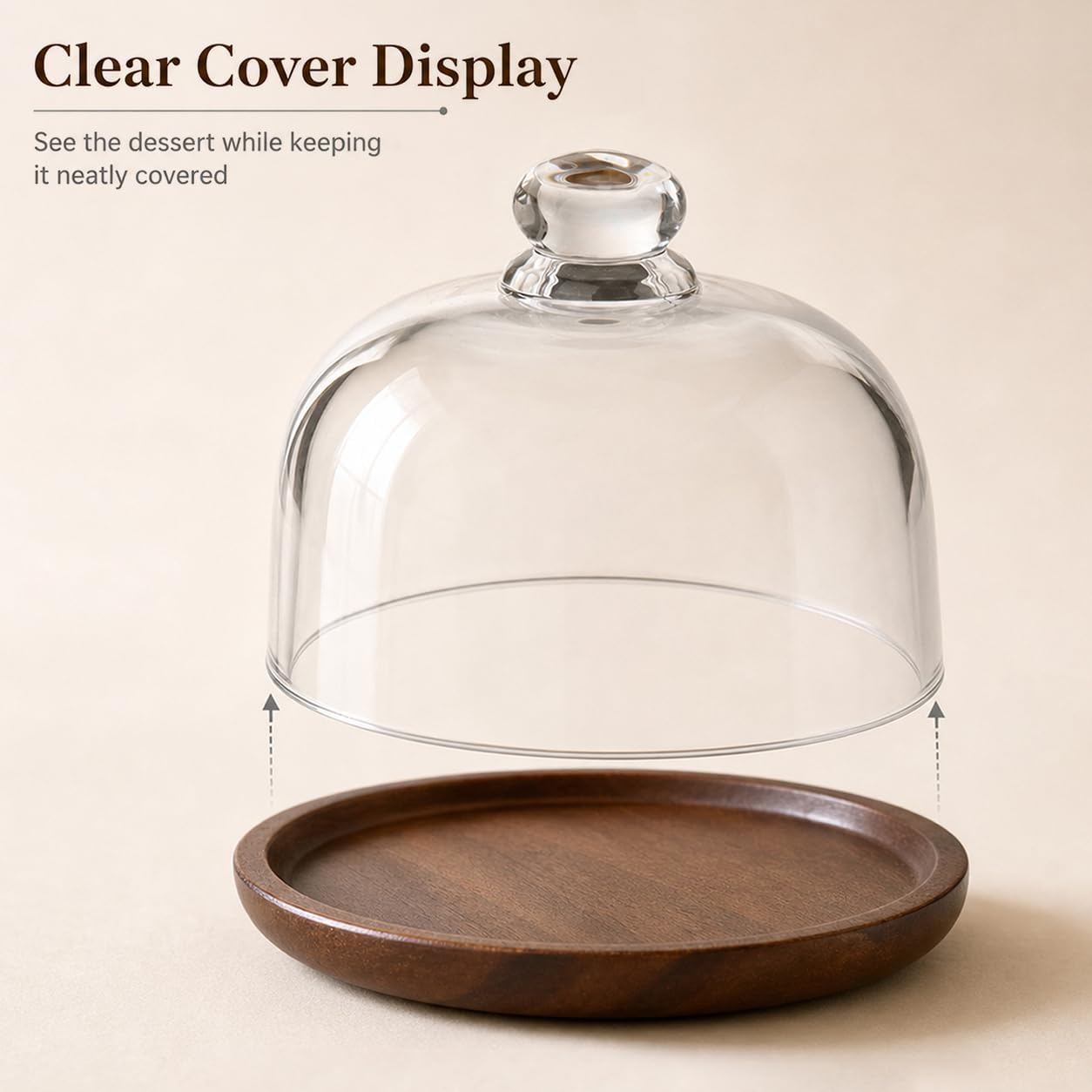 QWORK 6 Inch Small Cake Stand with Glass Dome, 6.1" Wood Serving Tray and Clear Cloche for Cupcakes, Dessert, Cheese, Pastry – Decorative Tabletop Display Plate
