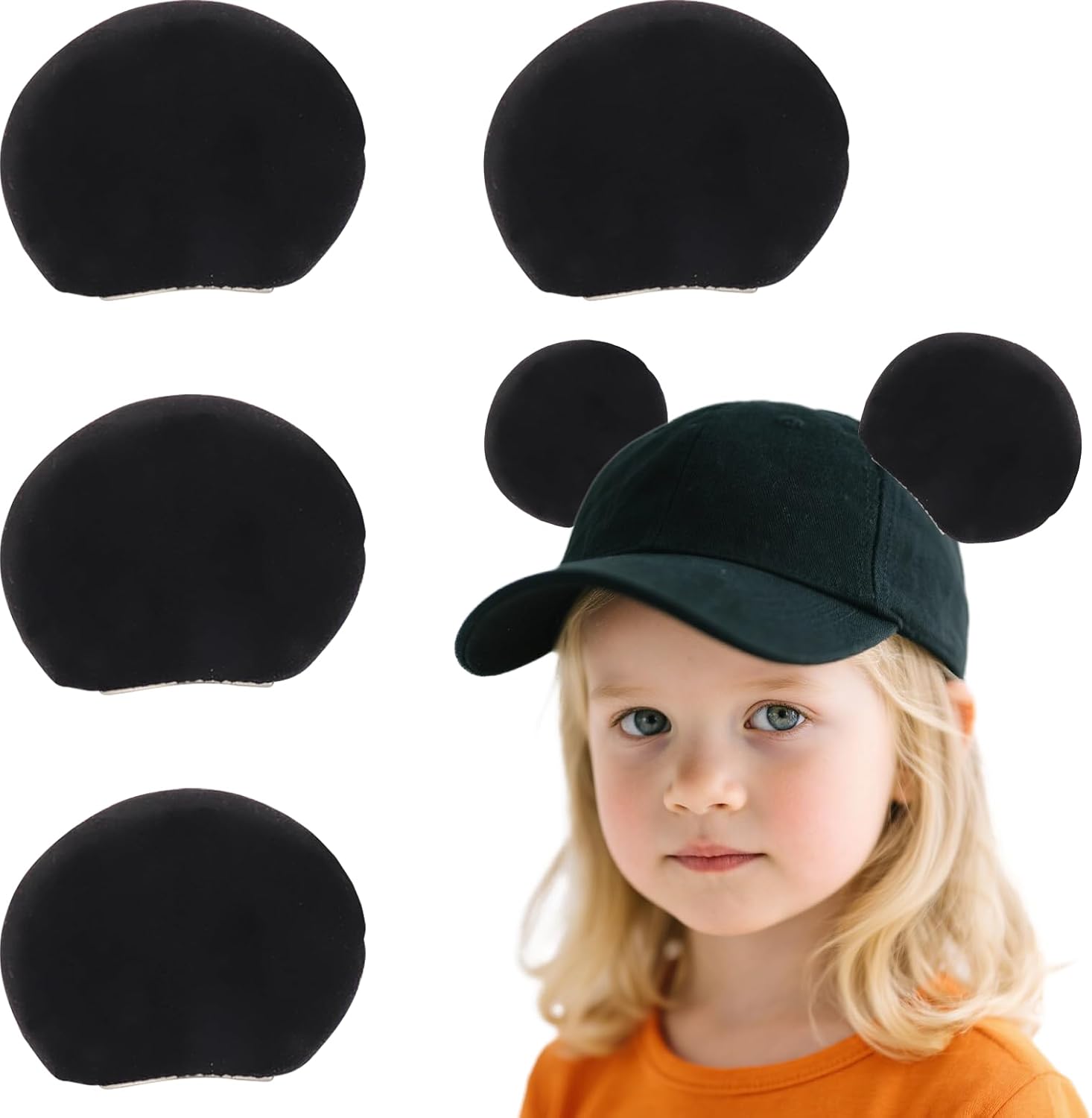 4Pcs Magnetic Mouse Ears for Hats – 3.5" Black Plush Magnetic Ears for Baseball Caps, Trucker Hats, Hoodies – Detachable Hat Accessories for Theme Parks, Halloween, Christmas, Birthday Parties