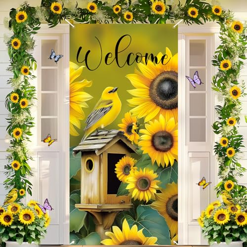 Welcome Sunflower Door Cover Spring Summer Door Banner Sunflower Bird Party Decorations Seasonal Welcome Door Cover Porch Banner for Indoor Outdoor Front Door Spring Summer Party Supplies
