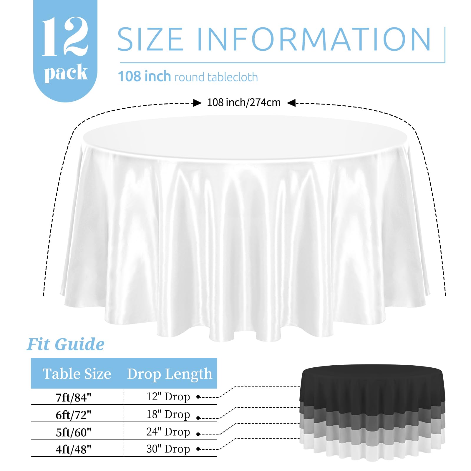 Lot de 12 nappes rondes en satin blanc de 274,3 cm, résistantes aux plis et aux taches, parfaites pour les mariages, la salle à manger raffinée et les décors décontractés