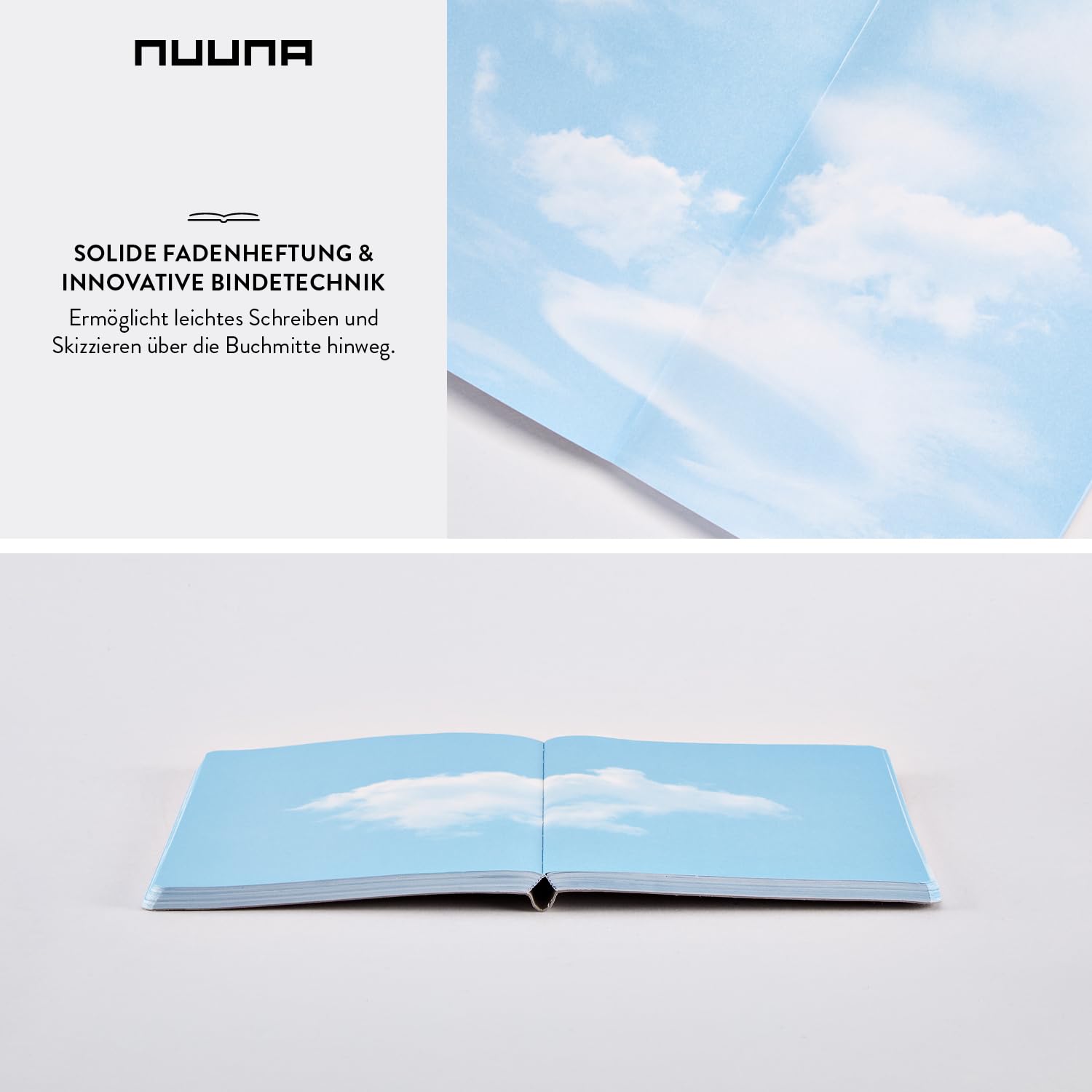 nuuna Inspiration Book M Quaderno A5, pagine colorate blu nuvola con motivi, 120 g, carta di alta qualità, JeansLabel grigio, prodotto in Germania in modo sostenibile
