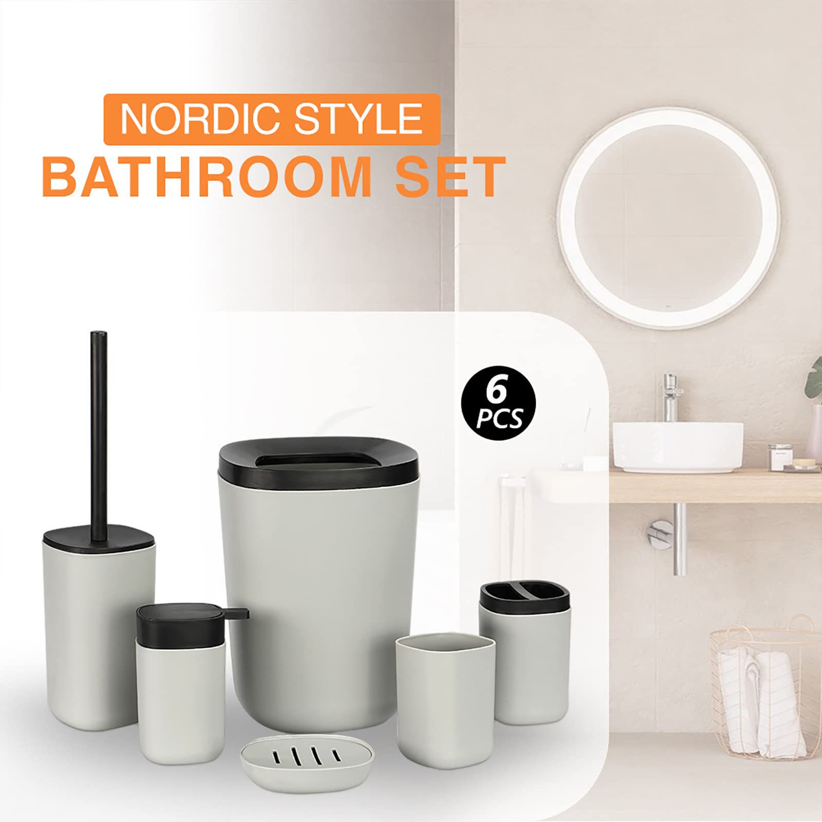 Juegos de Accesorios de baño, 6 Piezas Acesorios Cuartos de Baño Simple con Escobillas de Baño Cubo de Basura Dispensador Jabon Baño Jabonera Baño, Porta Cepillo de Dientes Gris