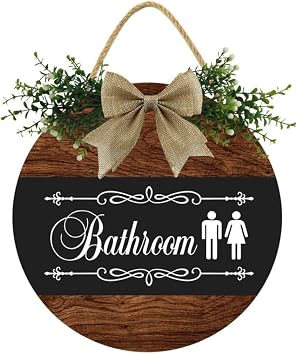 Uptell Bathroom Sign Hanging Wall Art - Rustic Round Restroom Wood Wreath for Home or Office Door - Unisex 12 Inch Decorative Signage