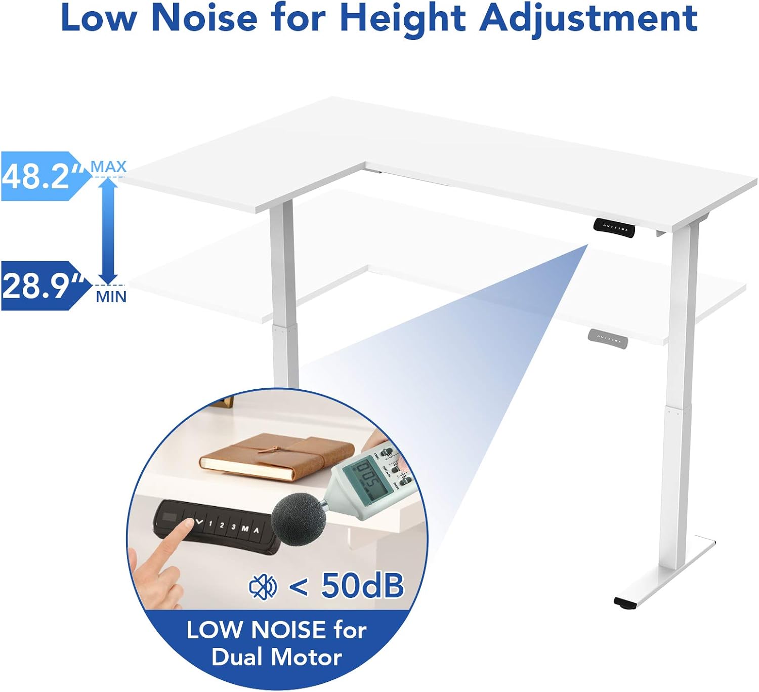 Assembly step showing the L-shaped desk frame being connected