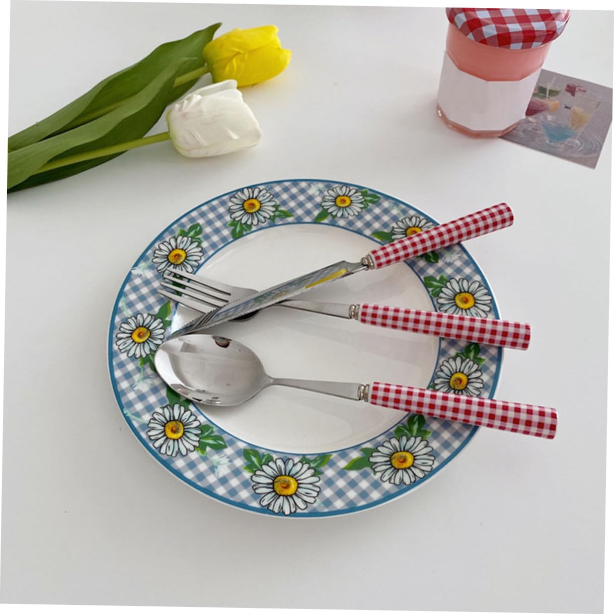 ABOOFAN 2sets Posate Acciaio Inossidabile e Ceramica Stile Francese Per Steak e Dessert Con Manico Ceramica Righe Rosse Per Occasioni Speciali e Cucina Quotidiana