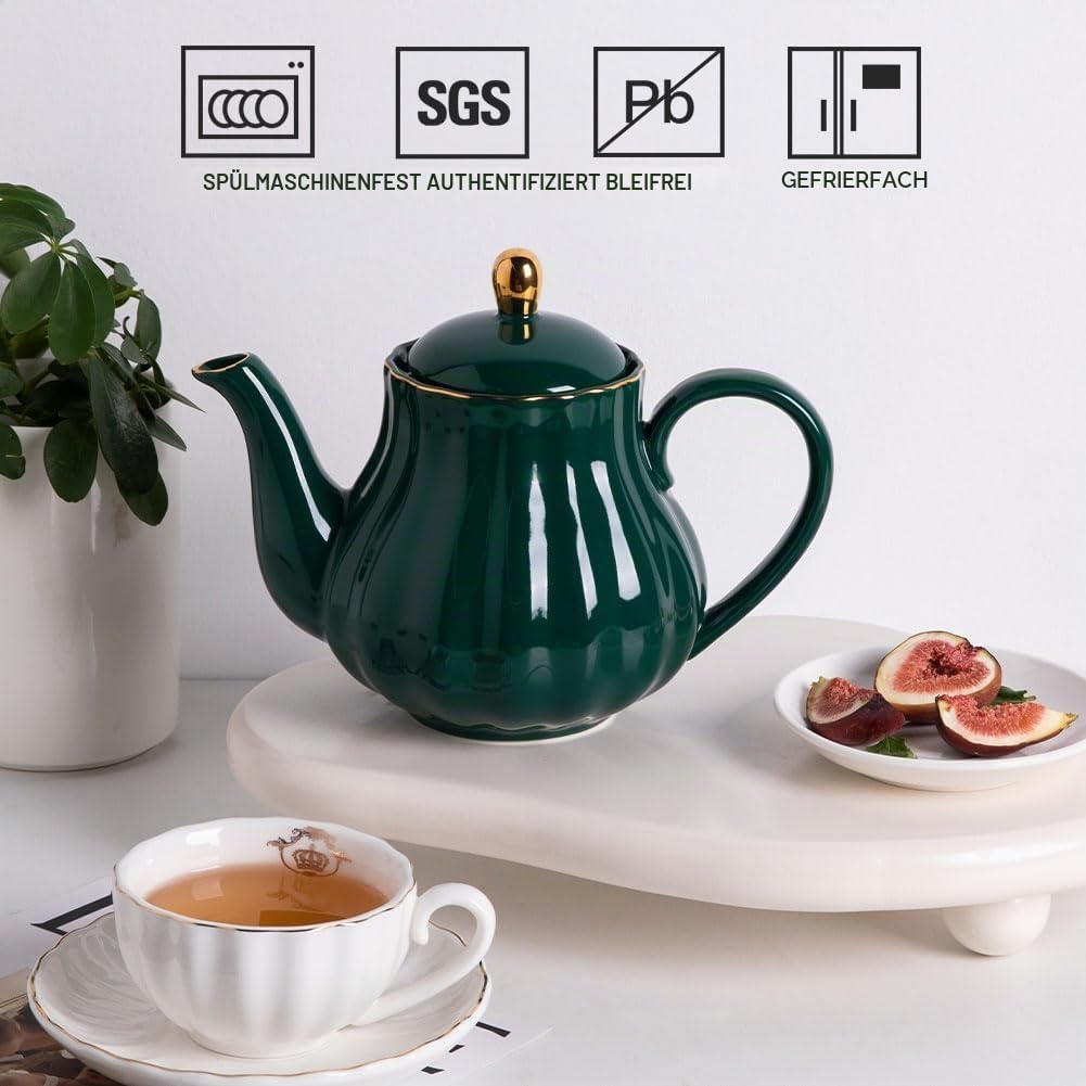 Sweejar Home Royal Teekanne, Keramik-Teekanne mit abnehmbarem Edelstahl-Teesieb, blühende & lose Blätter-Teekanne – (5–6 Tassen), 1100 ml (Jade)