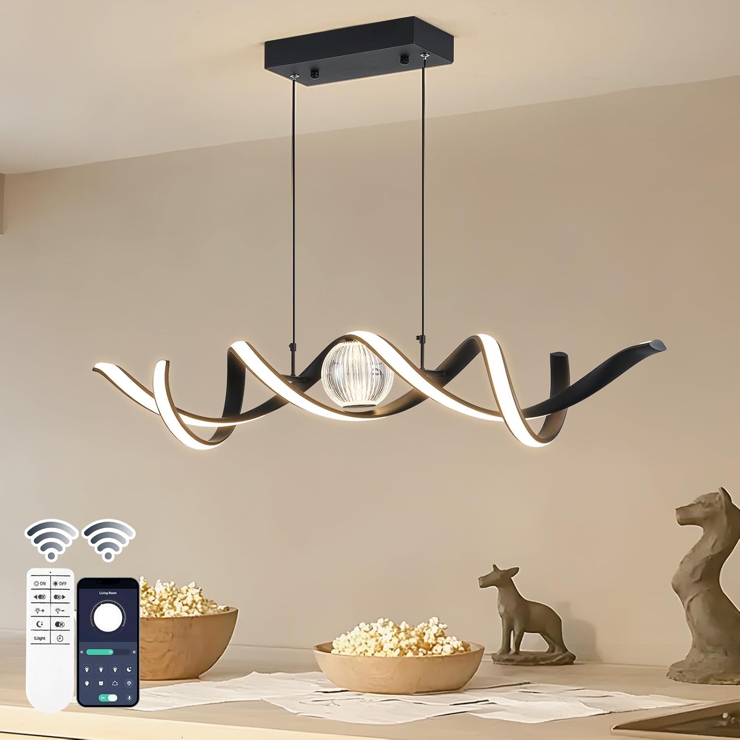 ORANOOR Modern LED Pendant Lights, Dimmable 39'' Spiral Wave LED Chandelier Lighting, Linear Swivel Black Dining Room Hanging Light Fixtures Kitchen Island Pendant Light for Dining Table (2340lm)