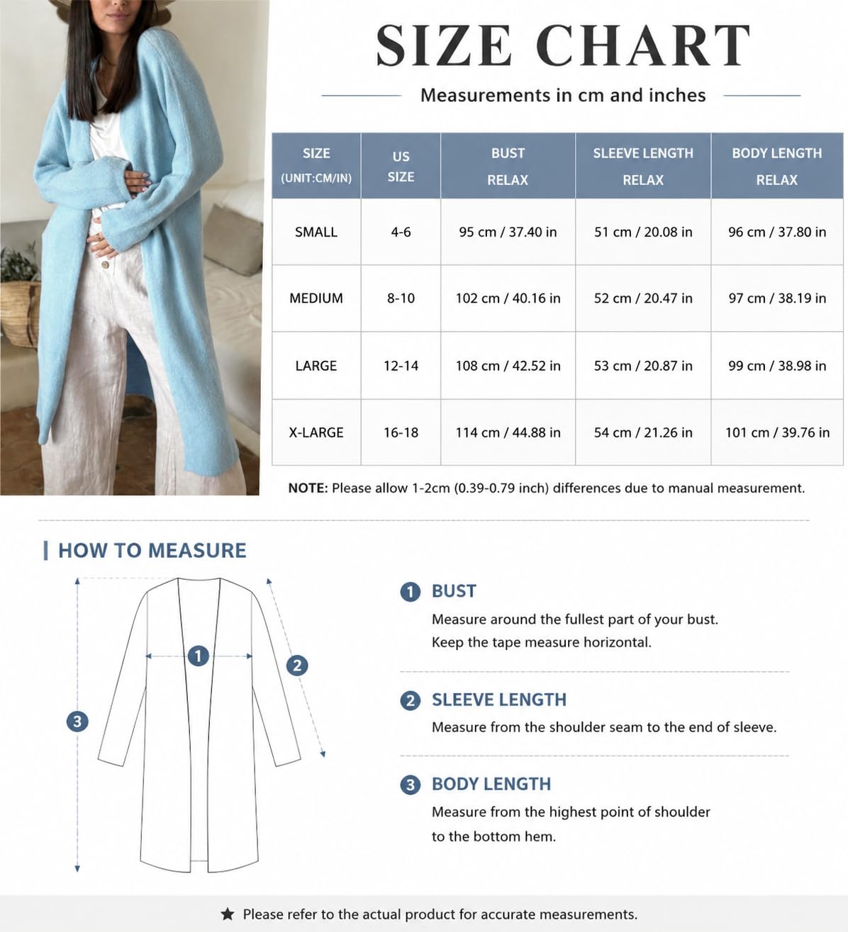 Gilet Long pour Femme Pull Ouvert sur Le Devant Manches Longues Style Maxi | Bleu Clair Ample Décontracté en Maille Épaisse Idéal pour L'Automne l'hiver Les Voyages Et Le Quotidien