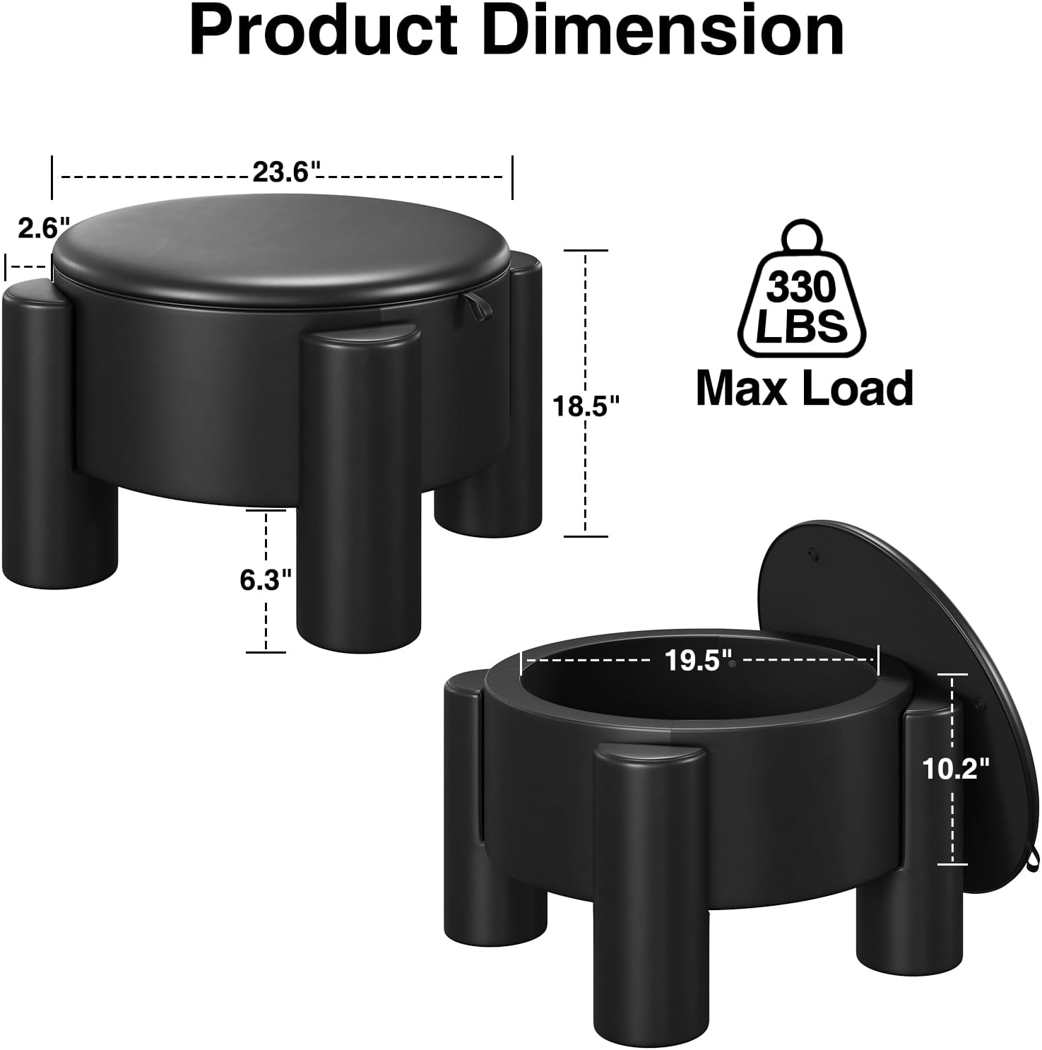 Round Ottoman Coffee Table with Storage,24" Faux Leather Storage Ottomans with Removable Top,Upholstered Vanity Stool Footrest for Small Spaces,Living Room,Apartment,Black