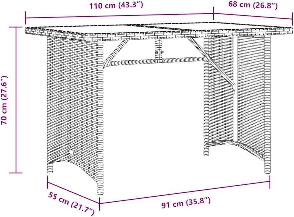 Rectangular Garden Coffee Table Grey PE Rattan with Tempered Glass Top and Powder-Coated Steel Frame for Outdoor Patio Furniture and Outdoor Side Table Use