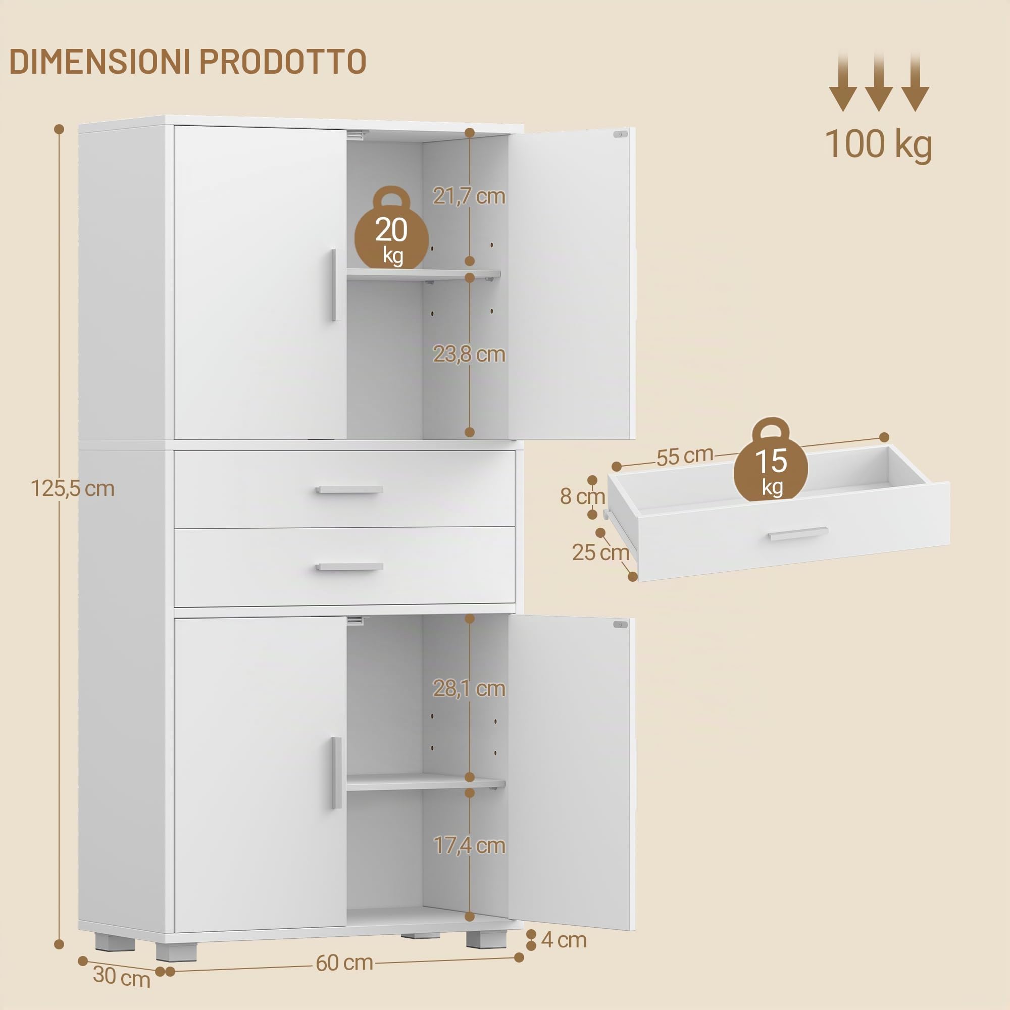 Hzuaneri Mobile Bagno, Alto, Colonna Bagno, 2 Cassetti e 4 Ante, Ripiani Regolabili, Ampio Spazio di Archiviazione, 30 x 60 x 125,5 cm, Moderno, per Soggiorno, Bagnos, Bianco SC60003X