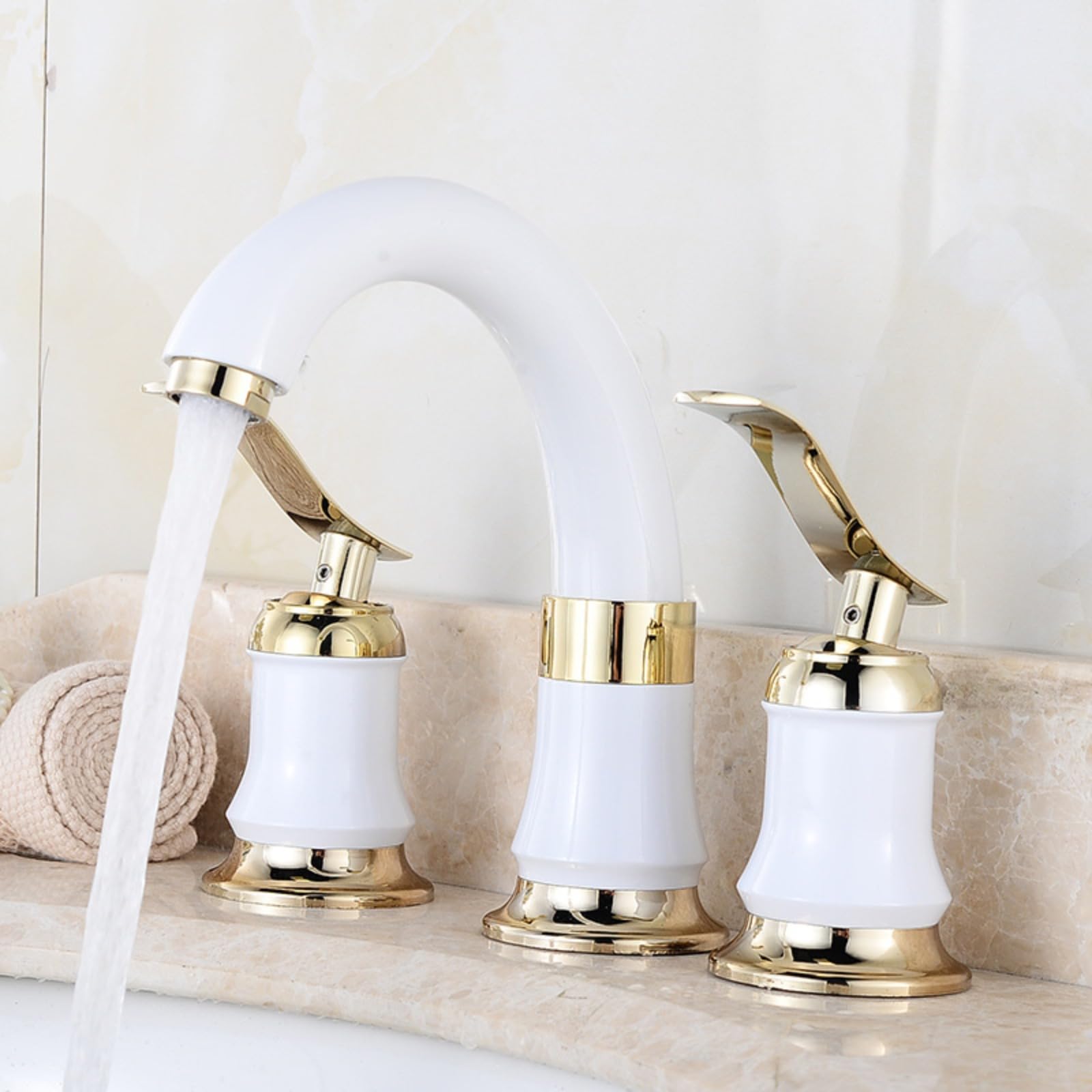 Rubinetto per lavandino da bagno a 3 fori, montato su piano, a doppia maniglia, miscelatore acqua calda e fredda, bianco e oro (bianco)