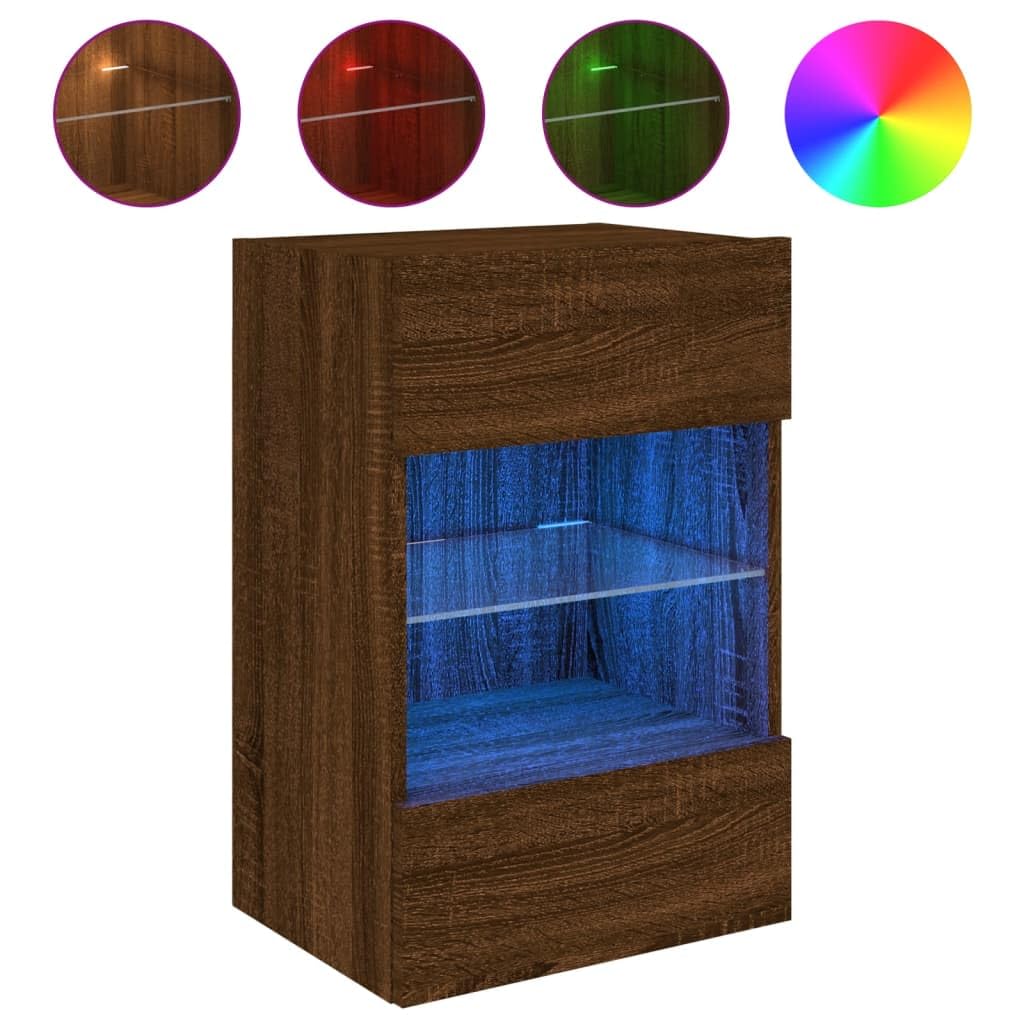 Wandschrank met LED Verlichting, Bruin Eiken, 40x30x60,5 cm - Zwevend TV Meubel met RGB LED, Opbergkast voor Woonkamer, Slaapkamer, Wandgemonteerde Multimedia Kast met Glazen Plank