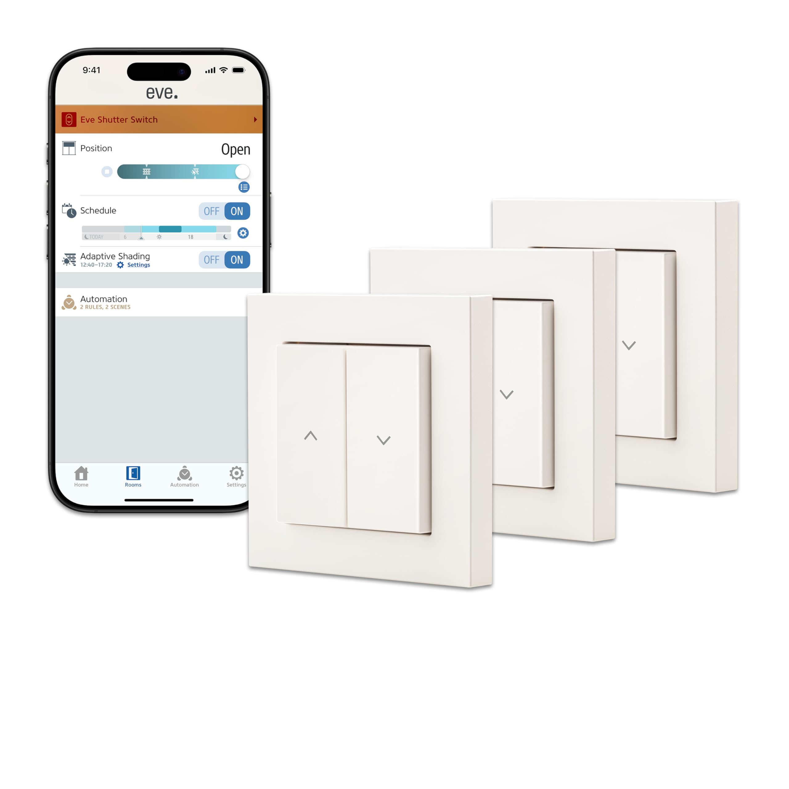 Eve Shutter Switch (Matter) set di 3 – Regolatore intelligente per tapparelle, per l'app Casa di Apple/Alexa/Google Home/SmartThings/Home Assistant; richiede un Thread Border Router e un conduttore