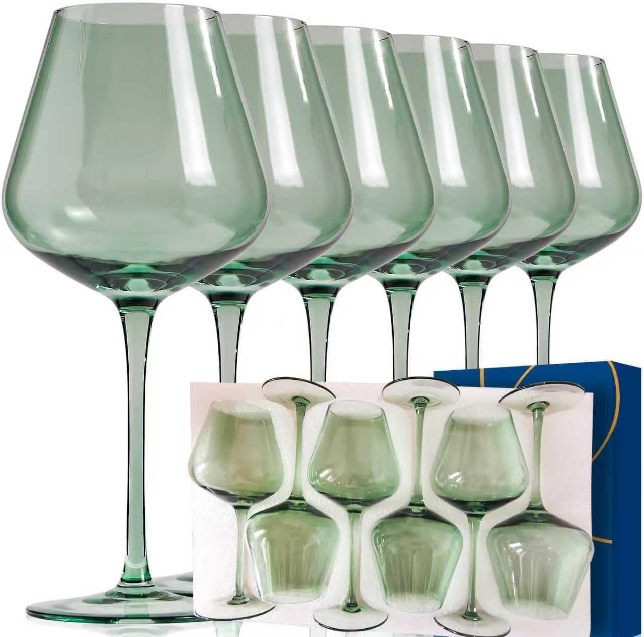 Green Wine Glasses Set of 6 - Crystal Hand Blown Burgundy Wine Glasses 18oz Lead-Free, Perfect Gifts for Wine Lover, Bar glasses sets for the home, Wedding, New Year Gifts