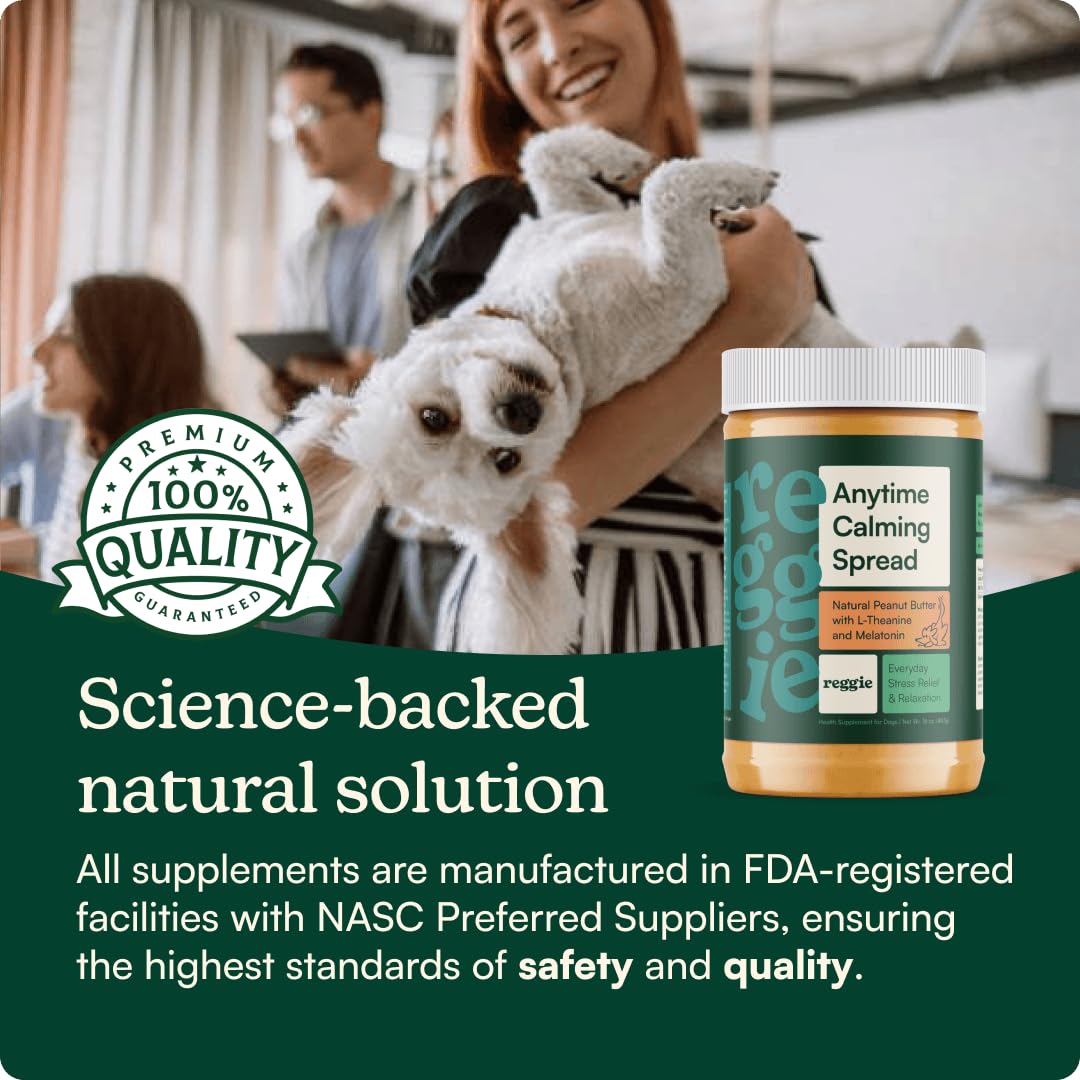 Reggie Burro di arachidi calmante per cani, 100% burro di arachidi naturale per cani, con melatonina e L-teanina, tappetino da leccare per alleviare l'ansia del cane a breve termine, prodotto negli