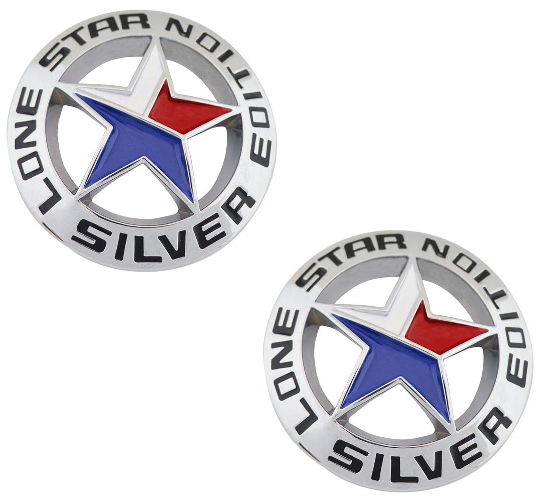 Muzzys (Set of Two) Lone Star Silver Edition Texas Emblem Decal Longhorn Badge Universal Stick On FITS Chevy Silverado Suburban Tahoe GMC Sierra Ford F150 Ranger F-150 Dodge Ram Nissan Titan Car