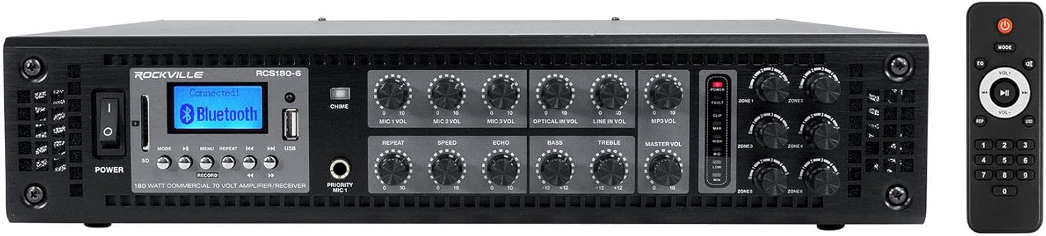 Rockville RCS180-6 Bundle: 180 Watt 6-Zone 70V Commercial/Restaurant Amplifier with Bluetooth, (6) Cube 3.5" Black Commercial 70V Swivel Wall Mount Speakers, 7-Items - Image 3