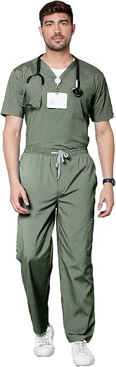KNYA Men's Essentials Scrub Suit | 10 Pockets | Medical Scrub Top &amp; Bottom | Half Sleeves | V neck | Uniform For Doctors A...