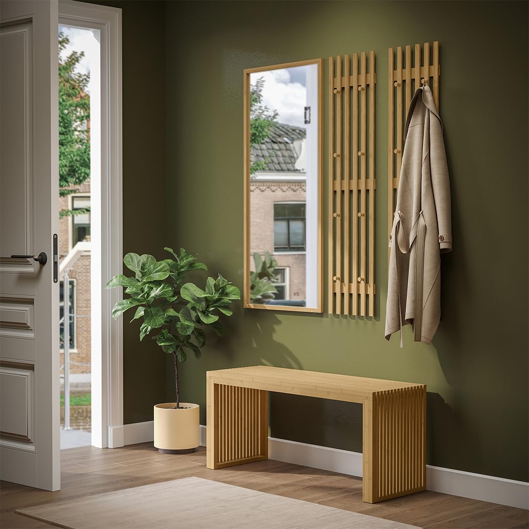 Bellamio Sava Garderobenpaneel – Flurgarderobe aus Bambus 110 x 25 cm – schmale Wandgarderobe mit 8 Kleiderhaken – Wandpaneel für Flur/Eingangsbereich/Schlafzimmer/Garderobe