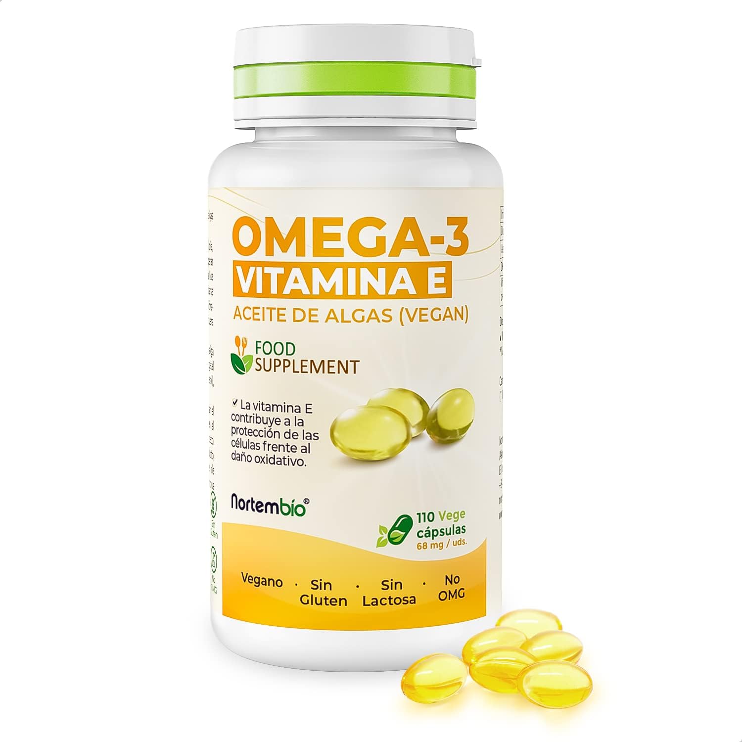 Omega 3 Vegan & Vitamine E – algenolie – 200 mg per dosis – 110 plantaardige capsules – High Power DHA – cardiovasculair welzijn en versterking van het immuunsysteem.