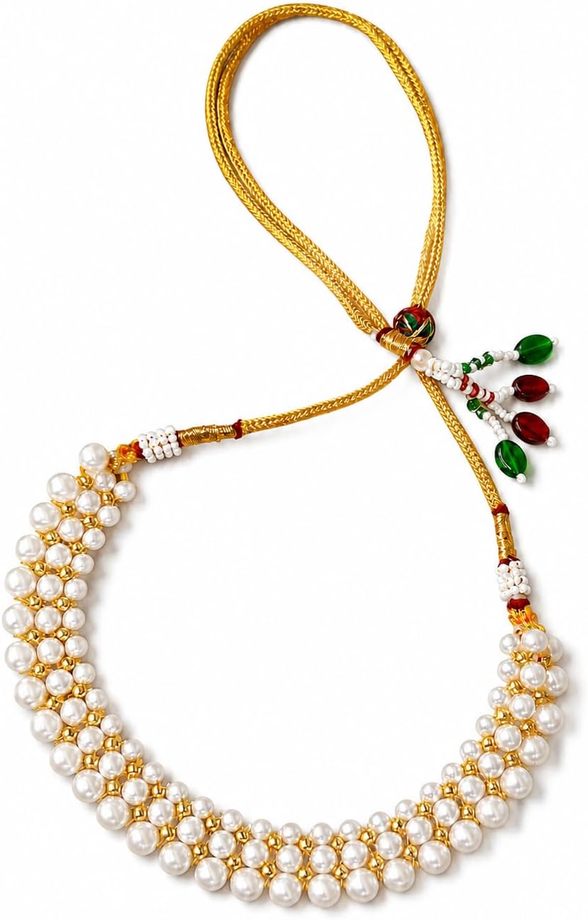 22KT (916) Yellow Gold Pearl Choker Tushi Necklace for Women | Adjustable Traditional Pearl Necklace | Gold Weight 0.650 g | Length 21 cm, Width 1.8 cm