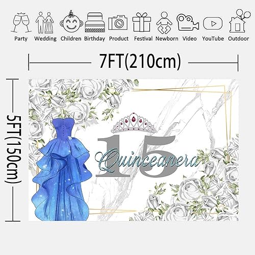 Miniatura 2 de Blue Dress White Flower Backdrop for Girl Princess Quinceañera Birthday 7x5ft Happy 15th Bday Crown Mis Quince Años Party Supplies Decorations