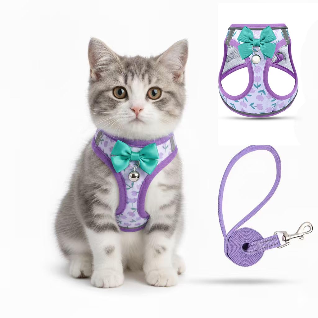 Cat Harness and Lead Escape Proof for Walking, Adjustable Soft Kitten Harness with Reflective Straps Step in Cat Vest for Small Kitten and XS Dogs