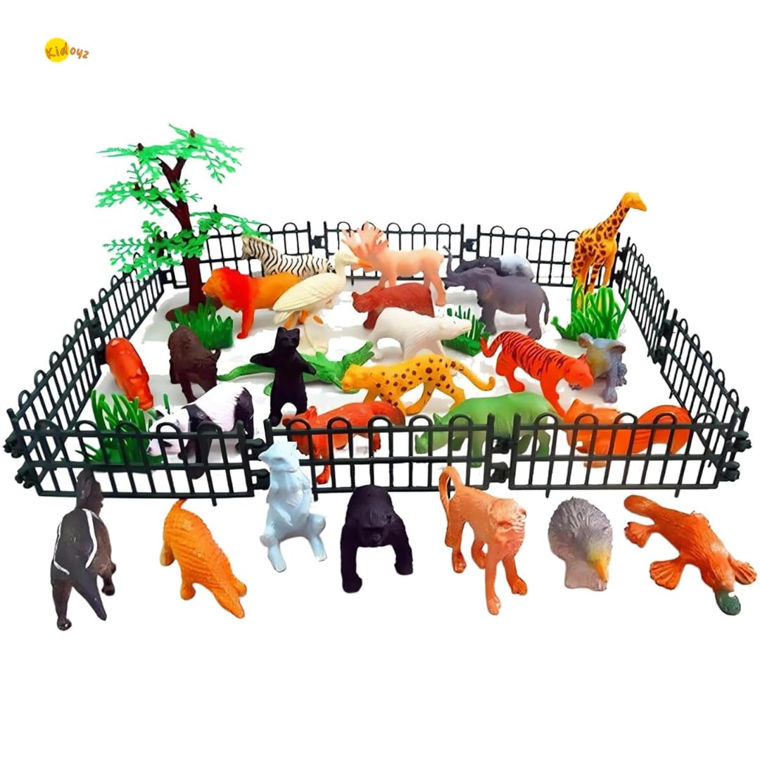 Kidoyz Animal Planet Educational Toy Set, 58 Pieces Multicolor Safari Figurines, Soft PVC Material, Realistic Design for Children 18-48 Months, Small Size with Trees and Fences 1