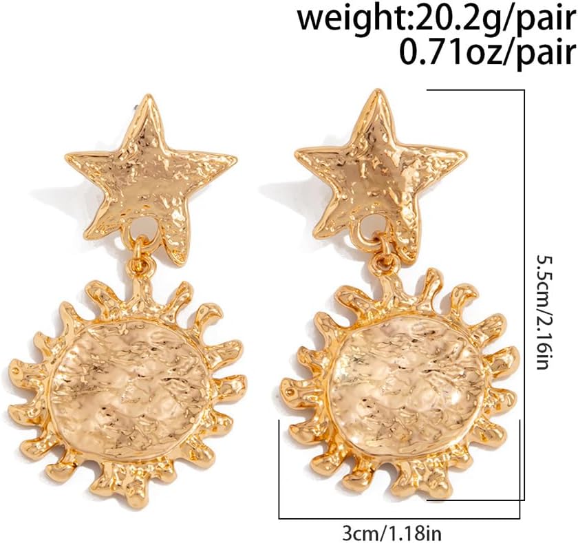 Unique Gold Sun Star Dangle Earrings for Women Punk, Vintage Silver Sunflower Statement Sunshine Drop Dangly Stars Stud Earring Jewelry Gift Accessories - Image 2