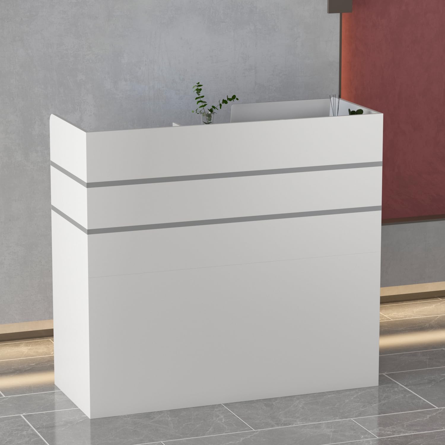 Mesa de Oficina, Mueble Recepción, Mostradores de Recepción Grandes, Mostrador Basic, con 3 Cajones, Mostradores para Tiendas, Disponible, Pantalla de Privacidad, Blanco, MDF, 110 x 120 x 50 CM