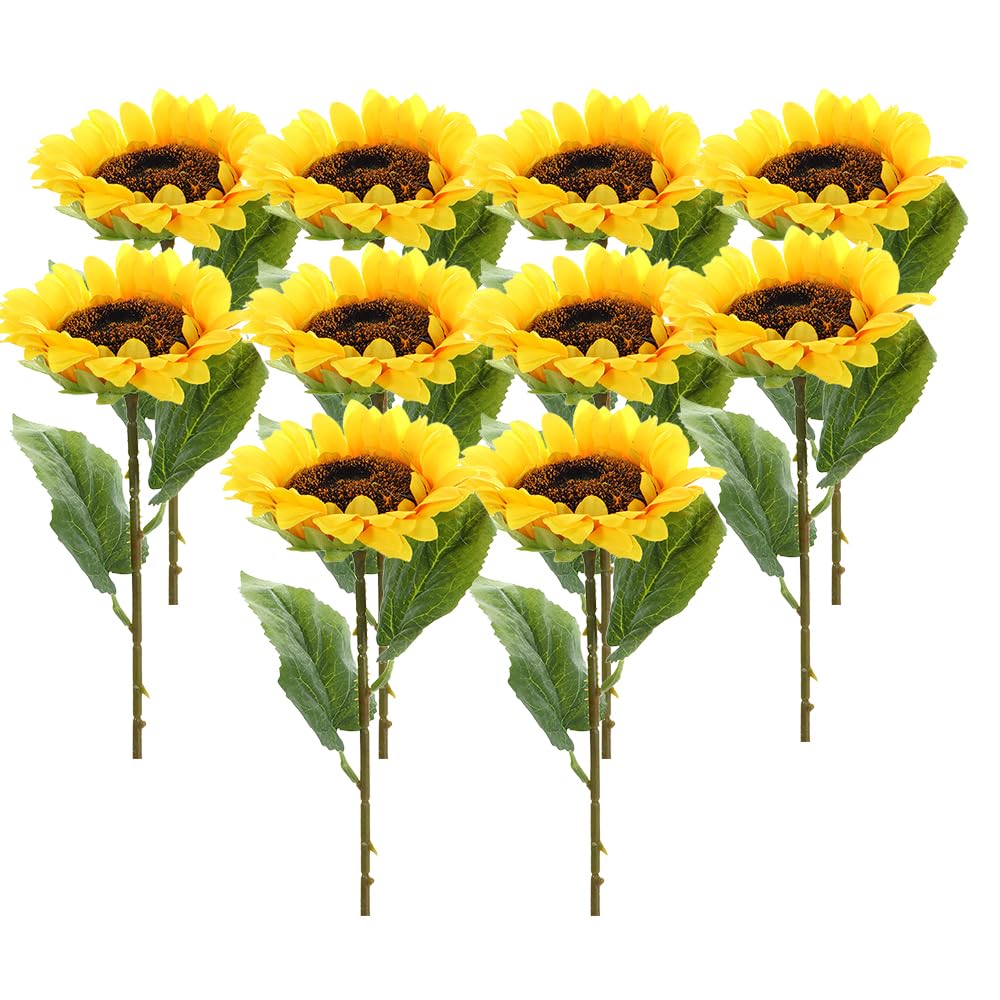 Vctitil10 Pcs Yellow Artificial Sunflower with Stems,19.68inch Fake Silk Sunflowers Bouquet,Realistic Faux Sun Flowers for Wedding Home Decorations