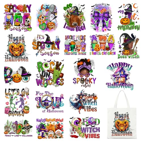 Tintnut Halloween DTF Transfers Ready to Press Iron on Transfers-20 Sheets Halloween Ghost Pumpkin Iron on Decals for Clothing Purple Style Heat Transfer Iron on Stickers for Canvas Bag Design