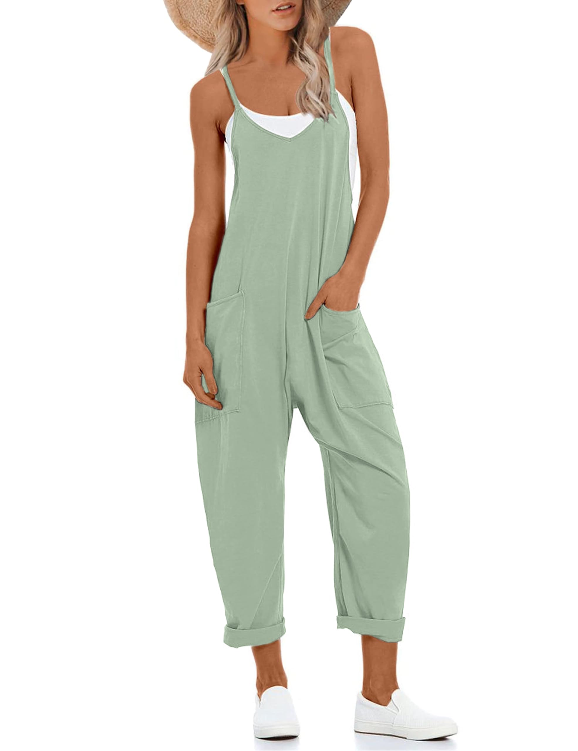 Lentta Women's Causal Jumpsuits V Neck Sleeveless Harem Overalls Stretchy Adjustable Strap Romper with Pockets