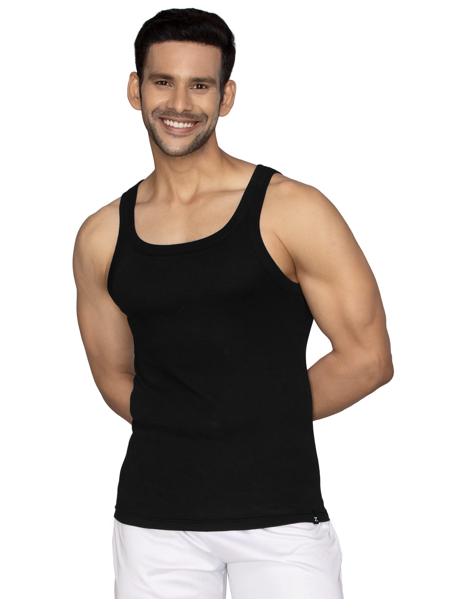 XYXX Men Combed Cotton Vest, Regular Fit, Solid, Pack of 1, XYGVEST09L, Black Knight, L