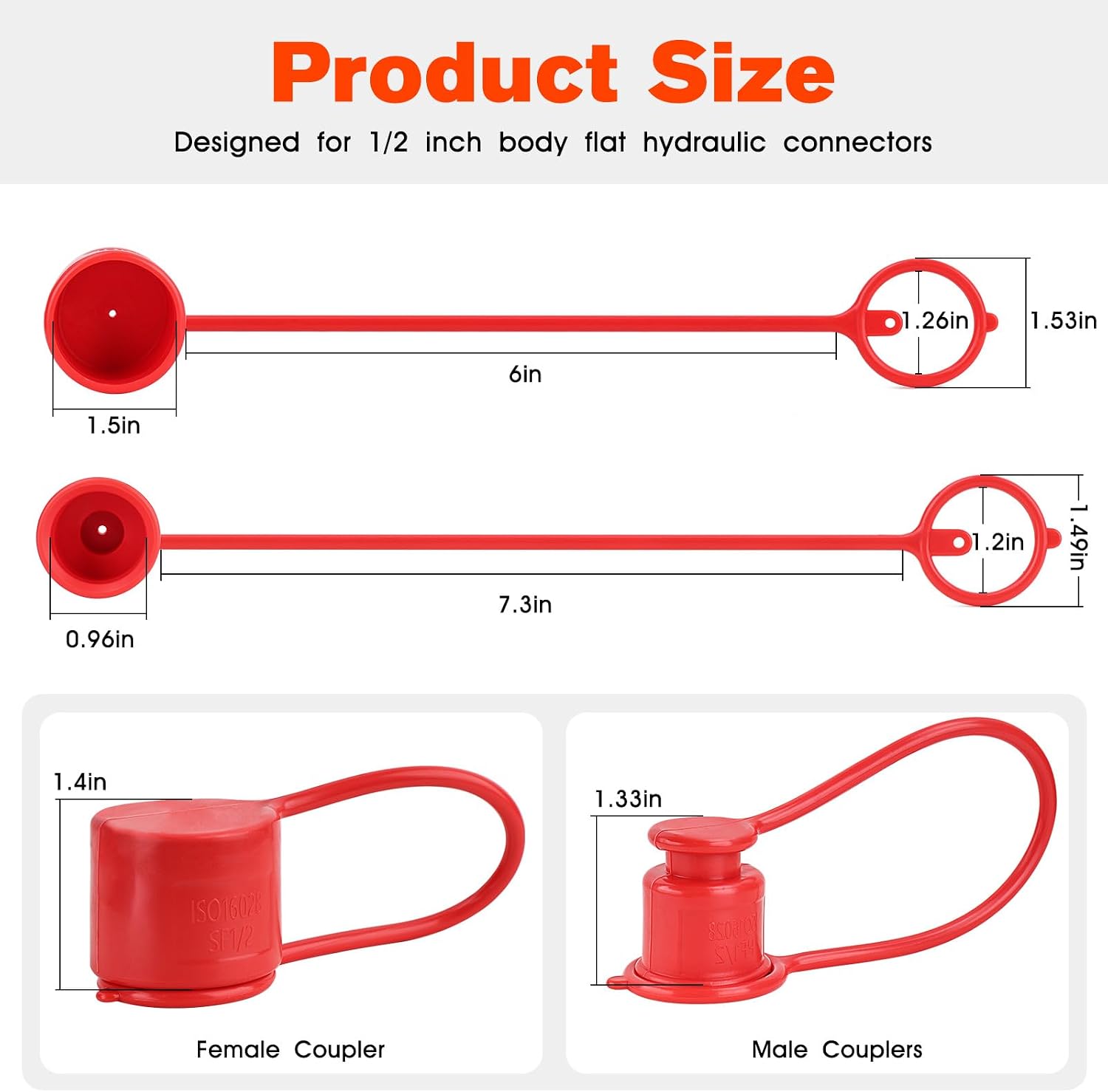 Dust Caps Plugs for 1/2" Flat Face Hydraulic Quick Coupler, Red Rubber Covers - 4 Sets for ISO 16028 Body Skid Steer Bobcat