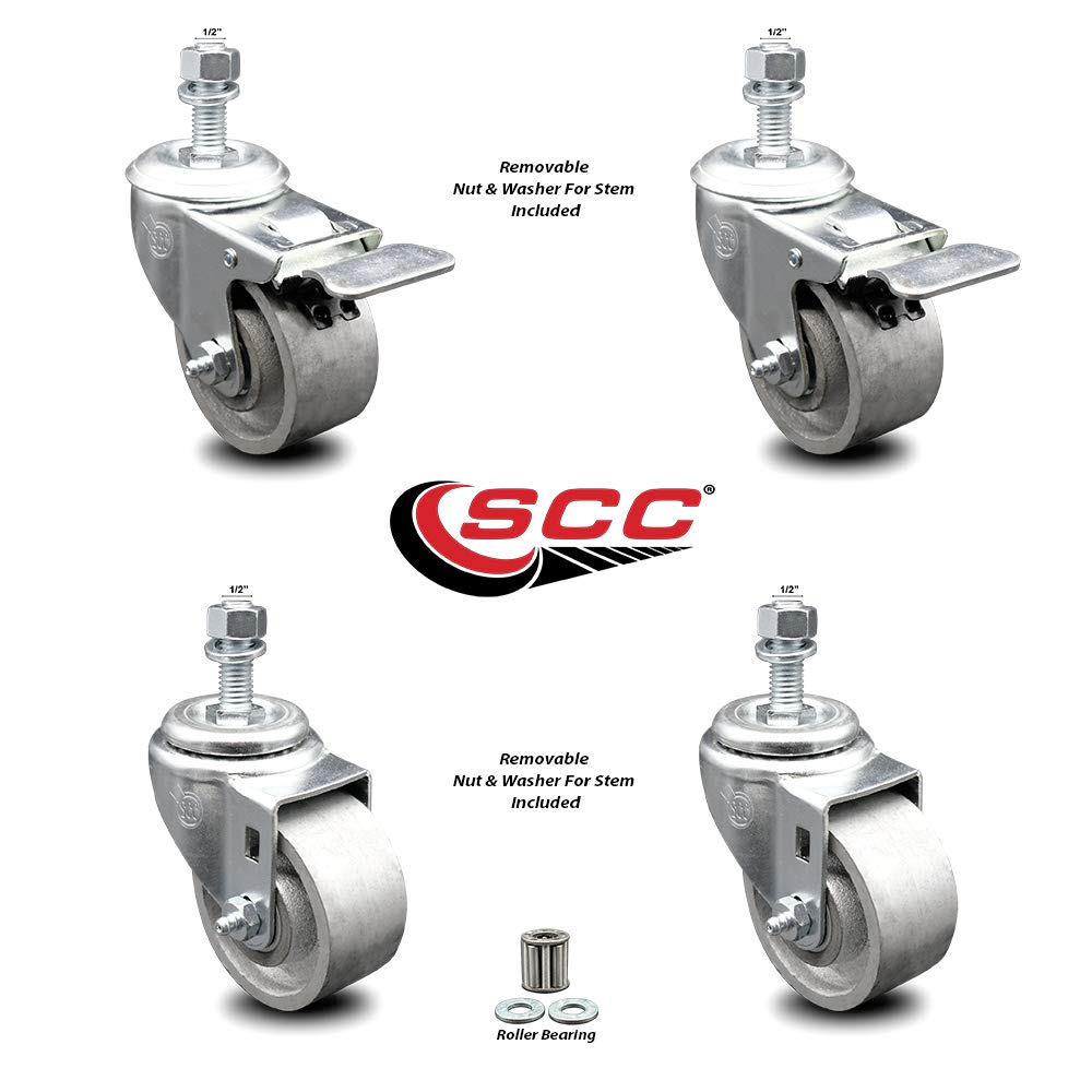 Semi Steel Cast Iron Swivel Threaded Stem Caster Set of 4 w/Roller Bearing - 3