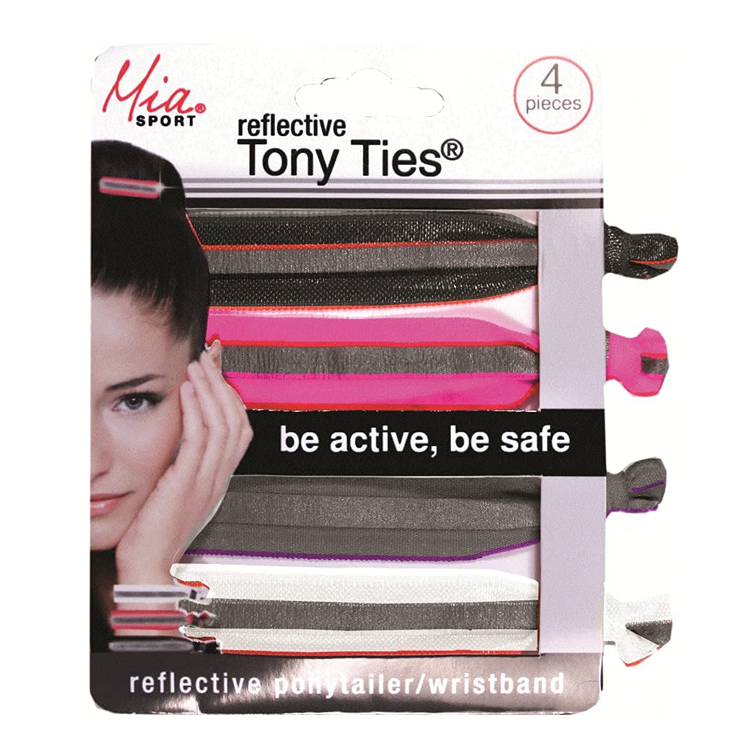 Mia Sport Tony Ties, elastico per capelli con nastro riflettente annodato, 2 in 1, per coda di cavallo, nero, rosa, grigio, bianco, per atleti, donne, ragazze, 2 confezioni da 8 pezzi