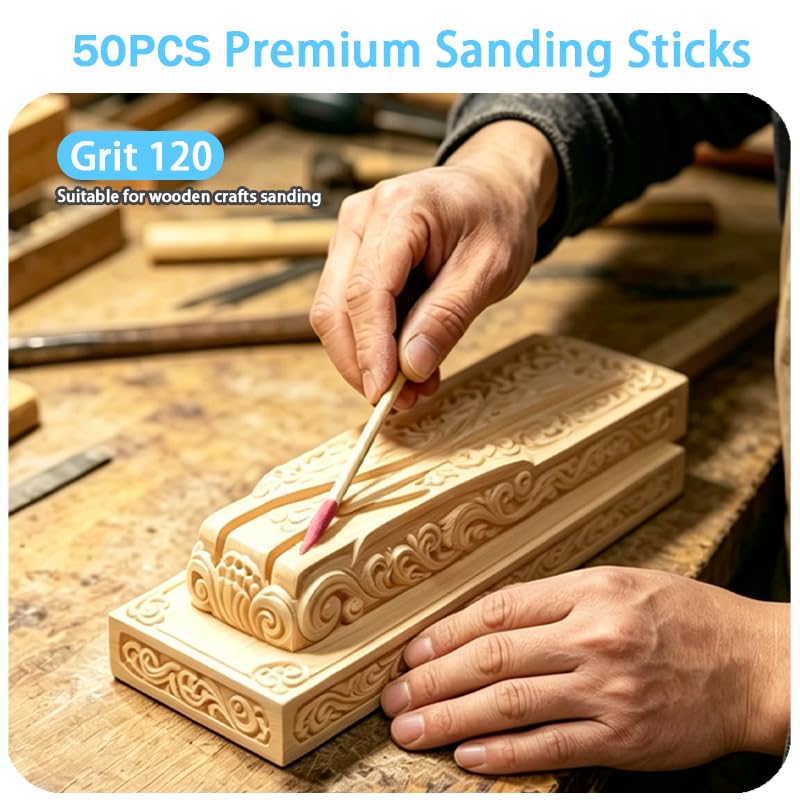 50 Pcs Sanding Sticks for Plastic Models,120 Grit Single-Head Fine Sanding Twigs, Pointed Design for Tight Spaces and Small Area Detailing, Sanding Tools for Wood Metal Model DIY Hobby