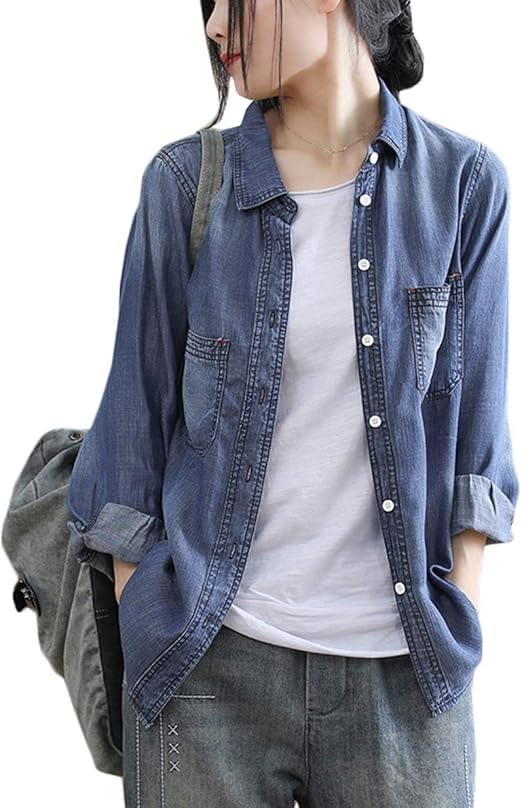 Amazon Bscoolレディース デニムシャツ ゆったり 長袖シャツ 秋服 韓国ファッション ブラウス シャツ アウター ブルー シャツ ブラウス 通販 Amazon Bscoolレディース デニムシャツ ゆったり 長袖シャツ 秋服 韓国ファッション ブラウス シャツ アウター ブルー シャツ ブラウス 通販