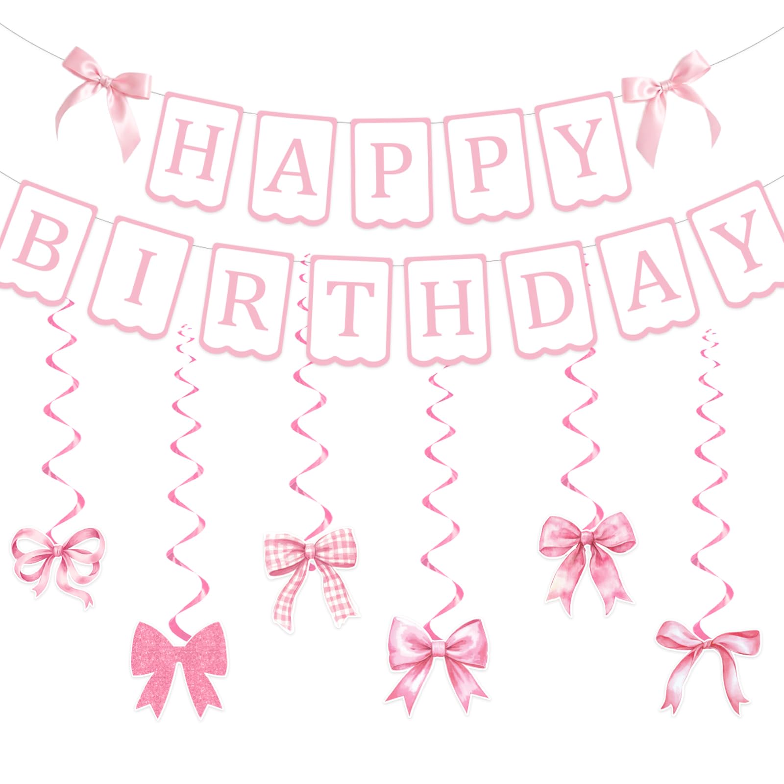 Bluegogo Pink Happy Birthday Banner with Satin Bows, Happy Birthday Decorations No DIY Sign for Girl Women Baby Showers