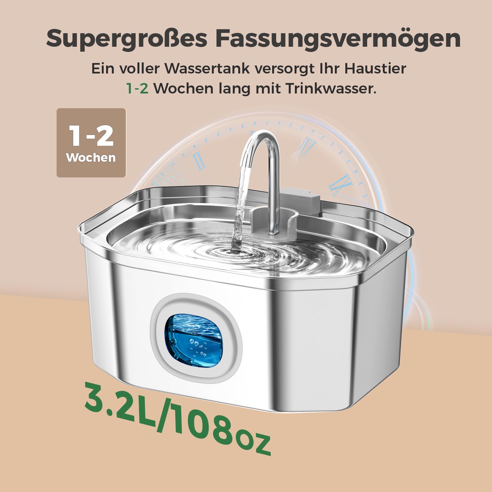 Apauk Katzenbrunnen, Trinkbrunnen für Katze, Trinkbrunnen Edelstahl, Ultraleiser Trinkbrunnen für Katze und kleine Hunde,mit LED-Fenster, S -3.2L Große Kapazität (A-2 Filter & 2 Schwämme)